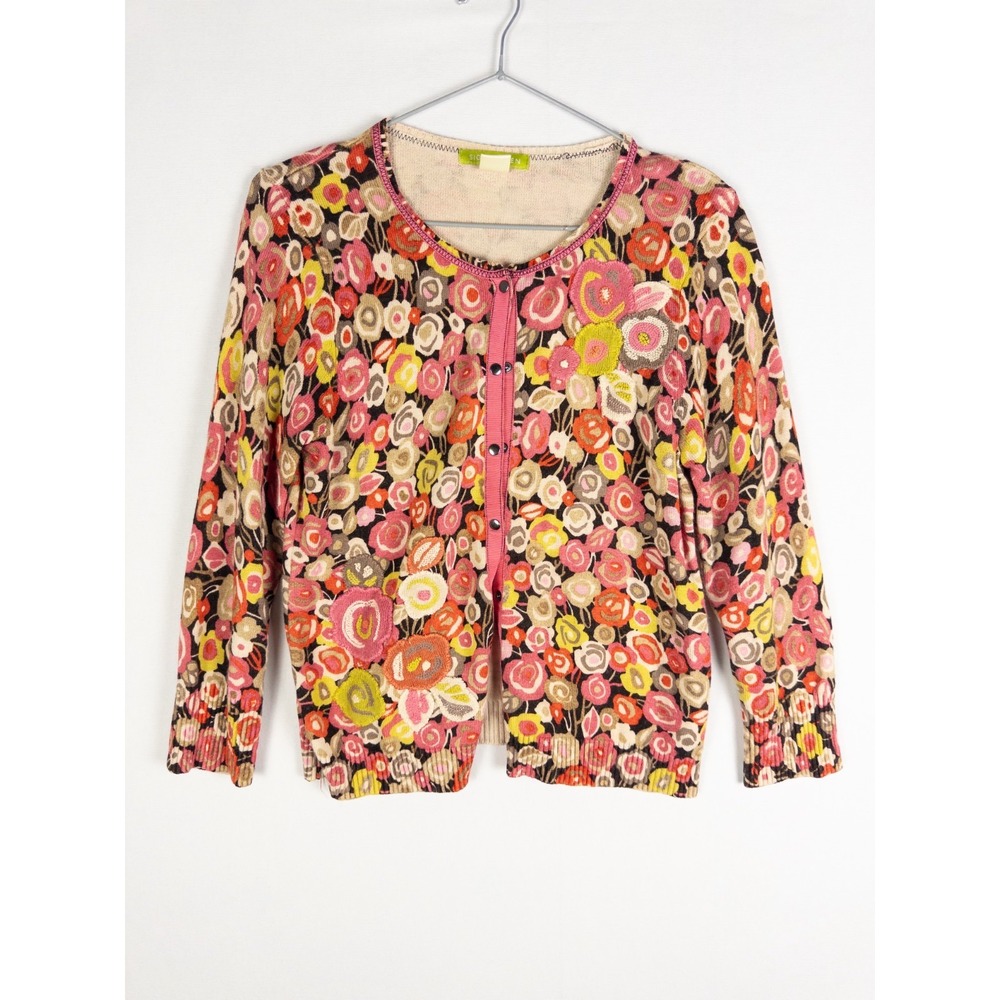 Sigrid Olsen Womens M Silk Blend Floral Applique Cardigan Sweater Pink Multi